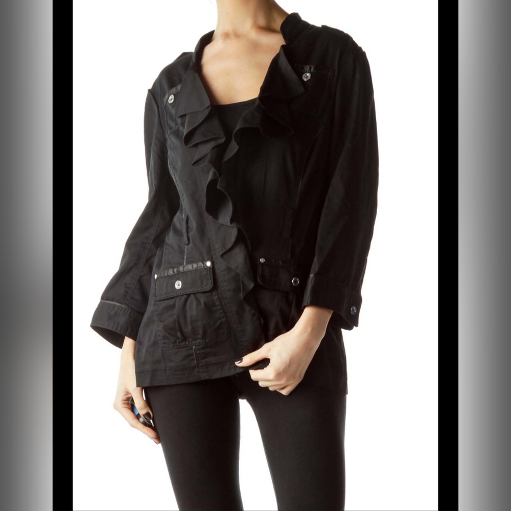 White House Black Market Jacket Clasp Front Ruffle Neck Button Pocket Women's 00